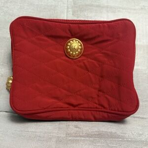 Vintage Cacharel Cosmetic Pouch Makeup Bag Red Quilted Gold Sun‎ Button & Zipper